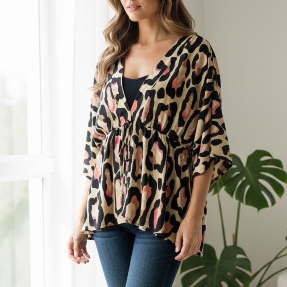 Bold Leopard Animal Print New York & Company Kimono Peplum Top Size XL